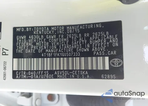 2016 Toyota Camry Se z USA, uszkodzony, nr VIN 4T1BF1FK1GU507333